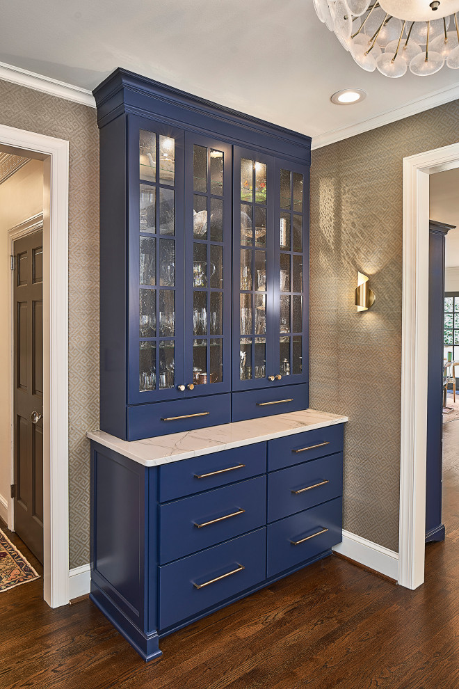 Photo of a medium sized classic single-wall wet bar in Charlotte with recessed-panel cabinets, blue cabinets, quartz worktops, dark hardwood flooring, brown floors and white worktops.