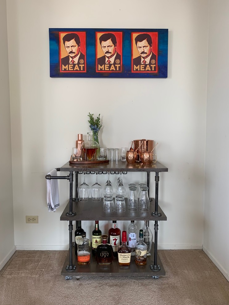 Inspiration for a small transitional single-wall carpeted and brown floor bar cart remodel in Chicago