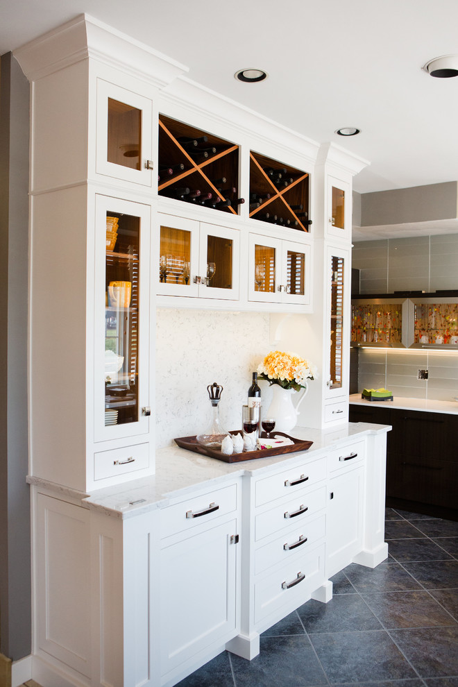 Farmhouse home bar photo in Other with recessed-panel cabinets, white cabinets and quartz countertops