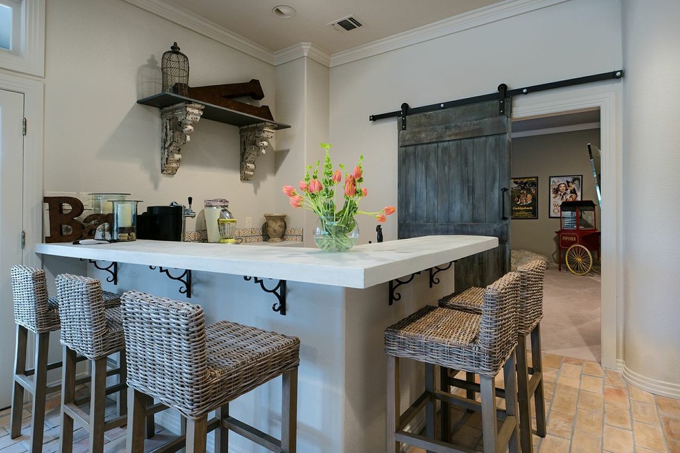 Seated home bar - huge transitional u-shaped brick floor and beige floor seated home bar idea in Austin with quartz countertops and white backsplash