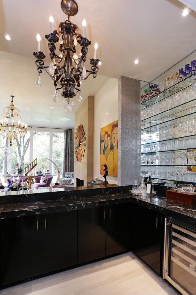 Example of a transitional home bar design in Houston