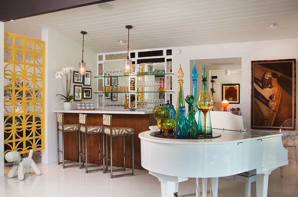 Inspiration for a medium sized midcentury home bar in Los Angeles with porcelain flooring and white floors.