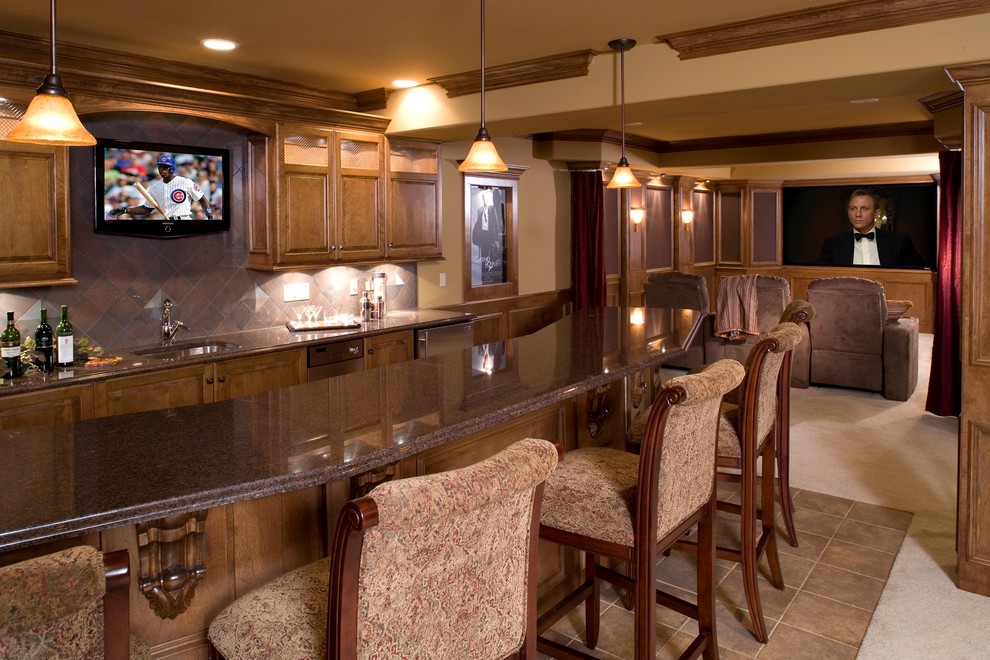 Example of a large classic u-shaped ceramic tile seated home bar design in Chicago with an undermount sink, raised-panel cabinets, light wood cabinets, granite countertops and porcelain backsplash