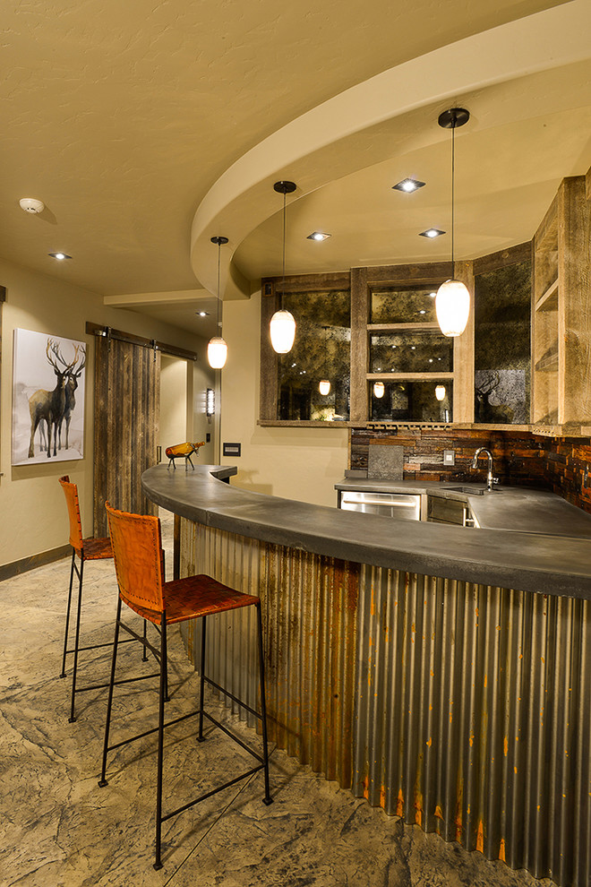 Photo of a large rustic u-shaped breakfast bar in Denver with a submerged sink, open cabinets, medium wood cabinets, concrete worktops, brown splashback, stone tiled splashback, concrete flooring and grey floors.