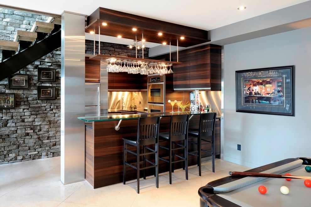 Inspiration for a large contemporary u-shaped breakfast bar in Ottawa with a submerged sink, flat-panel cabinets, dark wood cabinets, glass worktops and porcelain flooring.