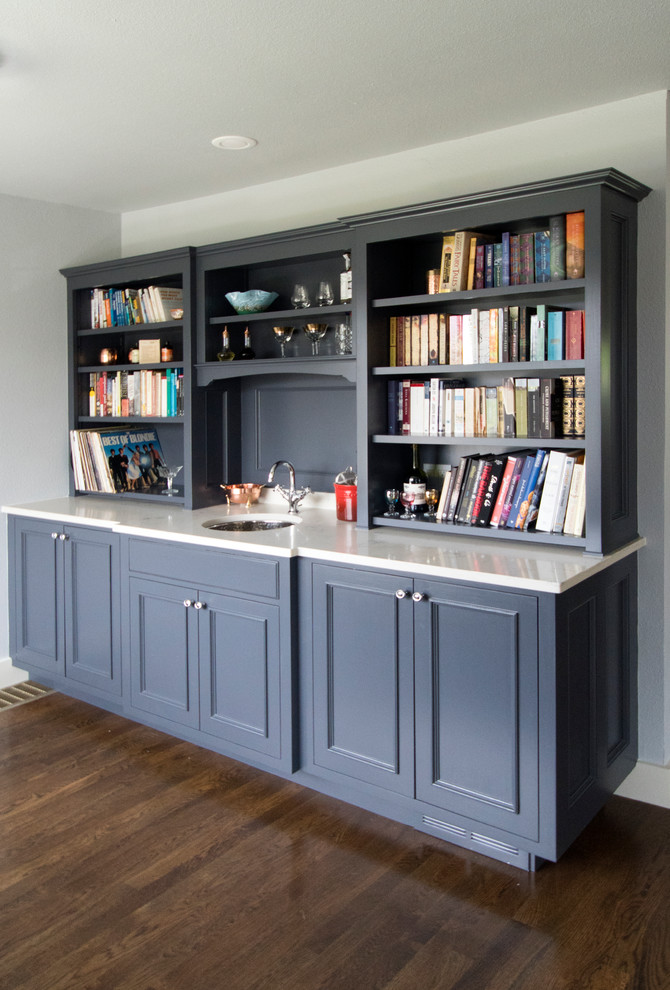 Large elegant single-wall dark wood floor wet bar photo in Seattle with an undermount sink, beaded inset cabinets, gray cabinets and quartz countertops
