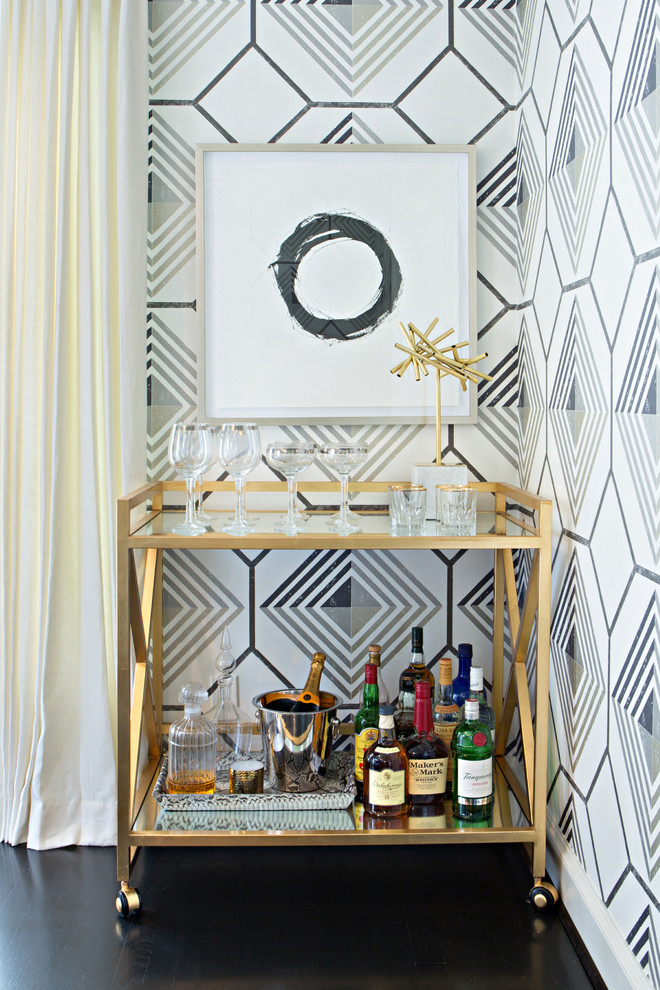 Small trendy dark wood floor bar cart photo in Houston with furniture-like cabinets