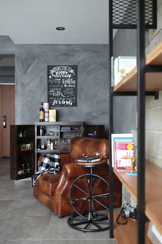 Inspiration for an urban home bar in Singapore with open cabinets, dark wood cabinets and slate flooring.