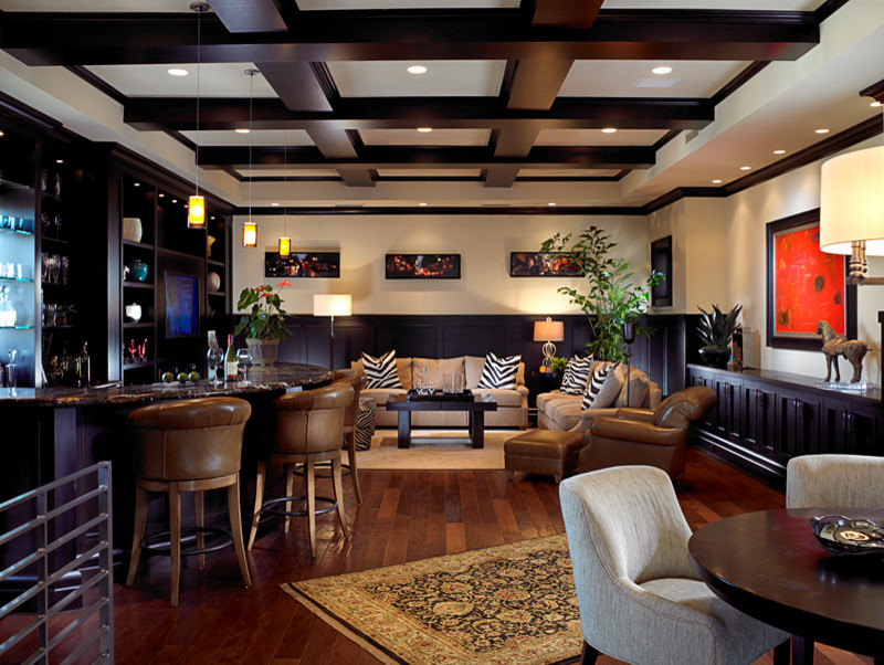 Example of a large transitional single-wall medium tone wood floor seated home bar design in Tampa with open cabinets, dark wood cabinets and marble countertops