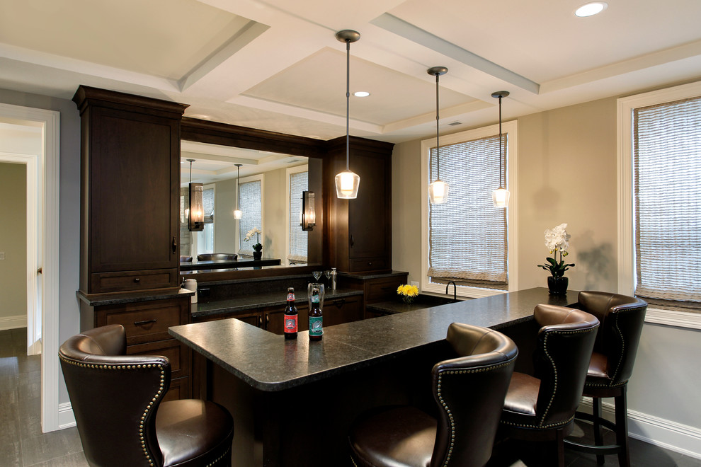 Seated home bar - craftsman u-shaped dark wood floor seated home bar idea in Chicago with recessed-panel cabinets and dark wood cabinets