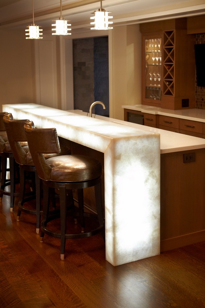 Modelo de bar en casa con barra de bar lineal tradicional renovado de tamaño medio con armarios tipo vitrina, puertas de armario de madera oscura y suelo de madera en tonos medios
