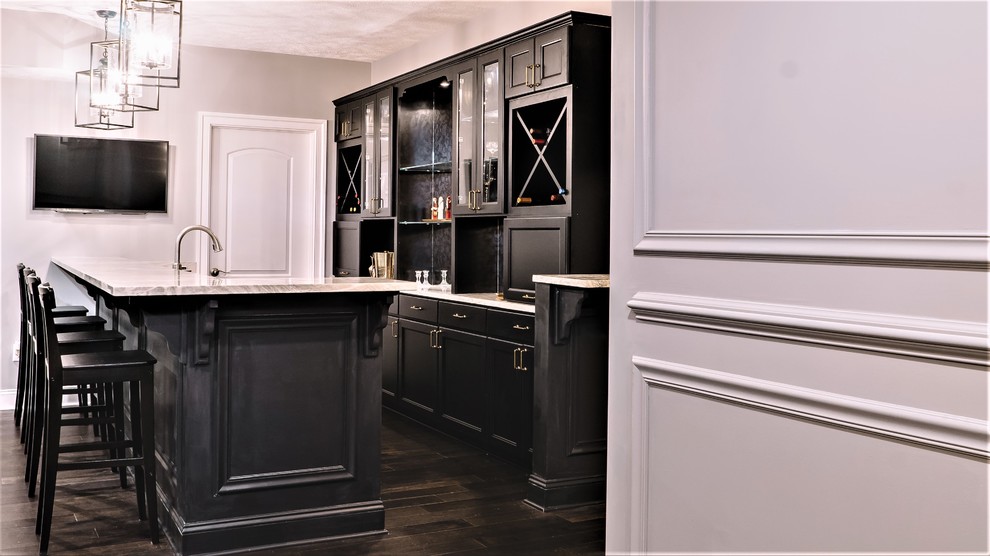 Inspiration for a large classic galley breakfast bar in Other with a submerged sink, black cabinets, marble worktops, dark hardwood flooring, recessed-panel cabinets and mirror splashback.