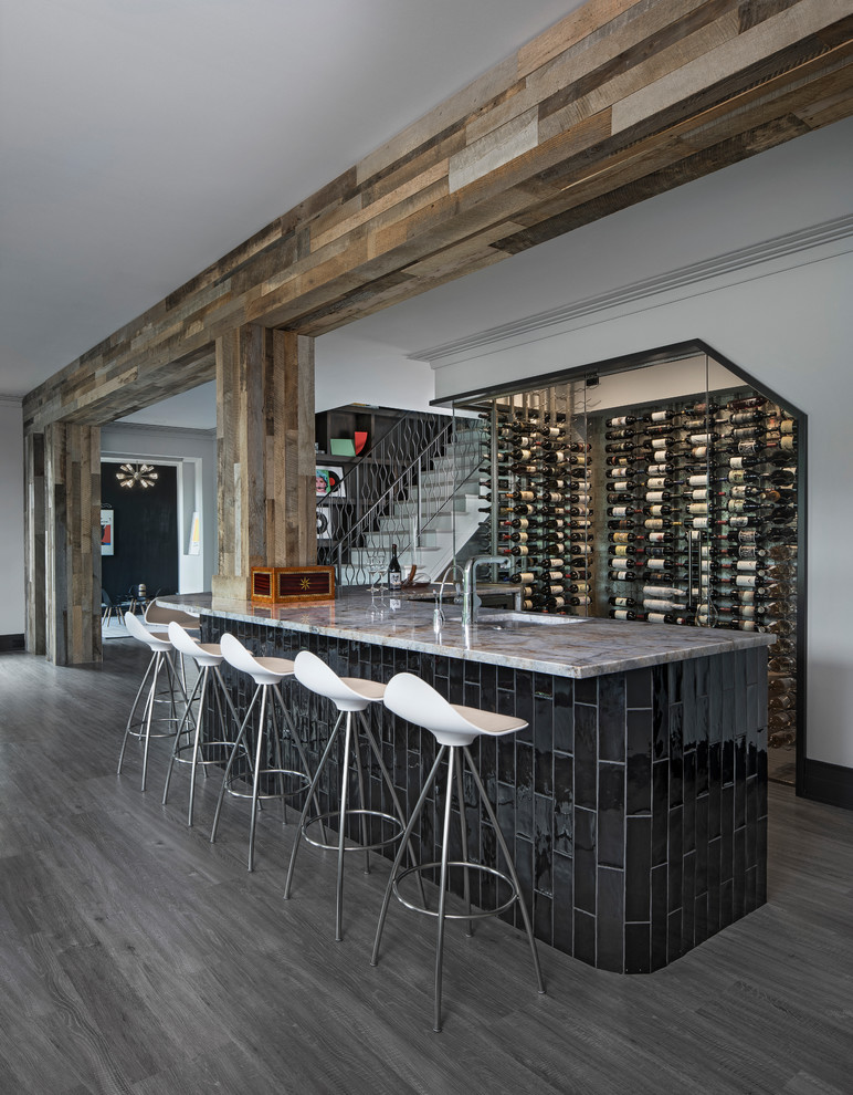 Transitional gray floor wet bar photo in Detroit with an undermount sink and gray countertops
