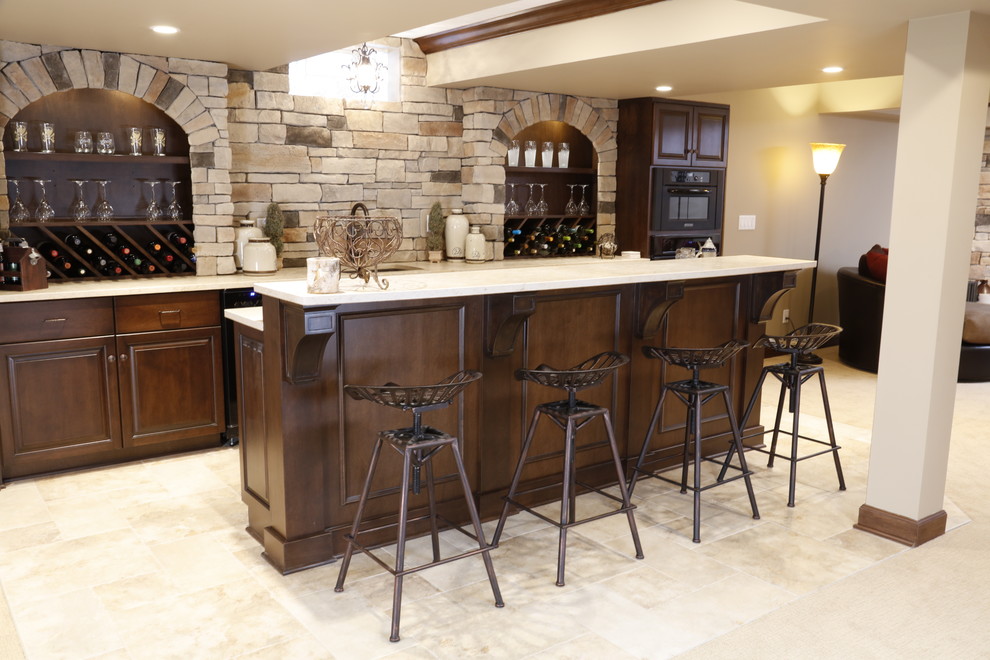 Wet bar - large rustic galley beige floor wet bar idea in Cleveland with red cabinets and beige countertops