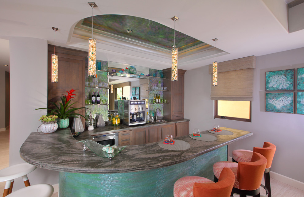 Photo of a large eclectic u-shaped breakfast bar in Orange County with a built-in sink, shaker cabinets, grey cabinets, quartz worktops, multi-coloured splashback, metal splashback and limestone flooring.