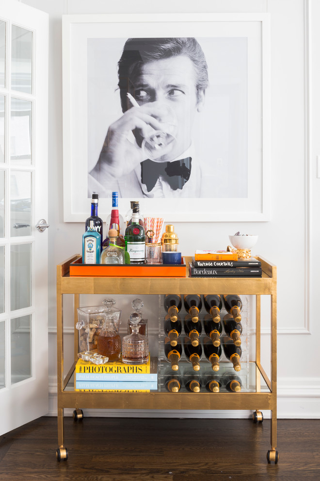 Small classic single-wall bar cart in New York with no sink, open cabinets, dark hardwood flooring and brown floors.