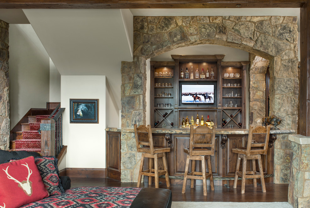 Design ideas for a rustic home bar in Denver with granite worktops.