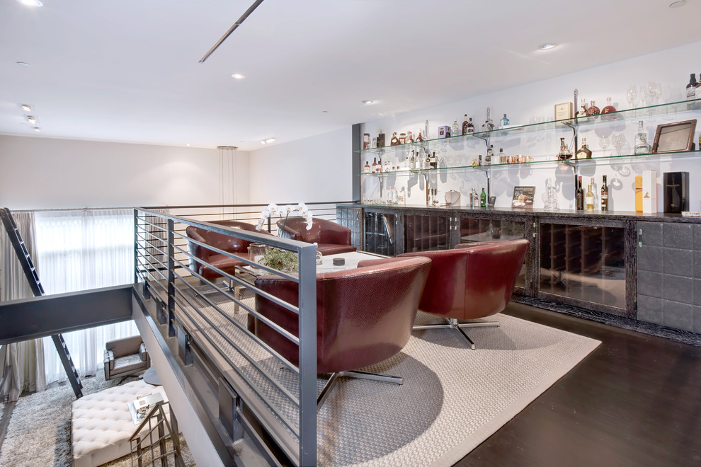 Mid-sized minimalist single-wall dark wood floor seated home bar photo in Los Angeles with glass-front cabinets