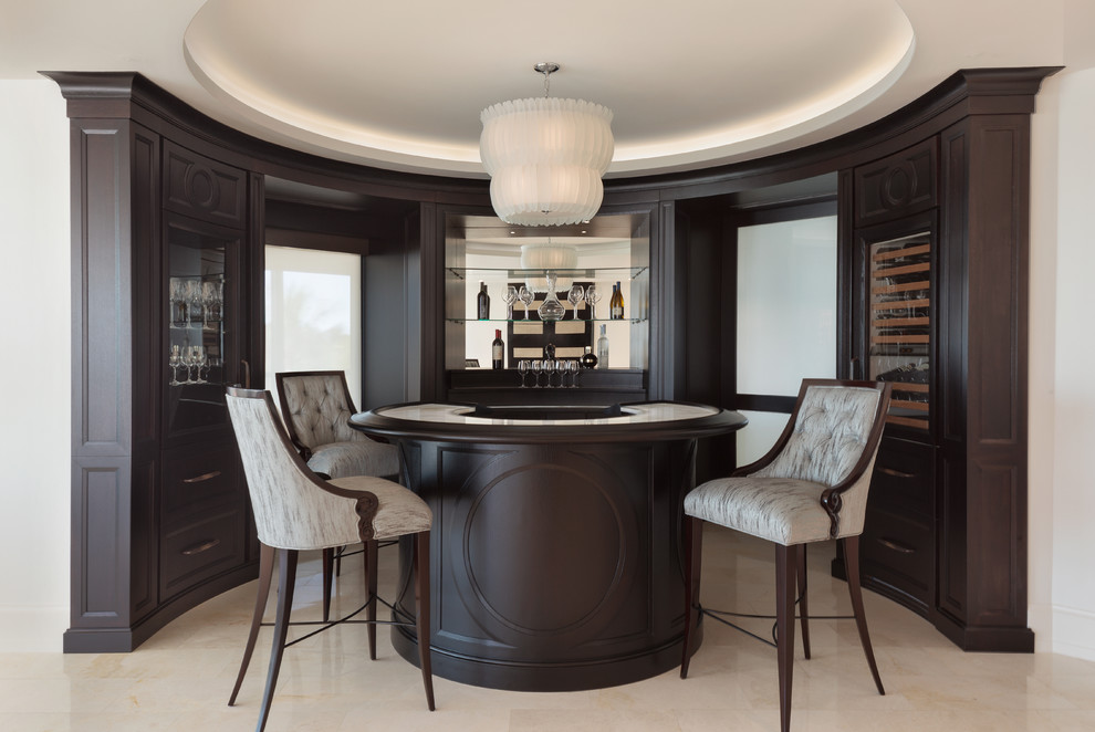 Inspiration for a large contemporary u-shaped wet bar in Miami with shaker cabinets, dark wood cabinets, granite worktops and limestone flooring.
