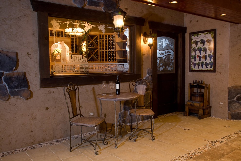 На фото: п-образный домашний бар среднего размера в стиле ретро с полом из терракотовой плитки с