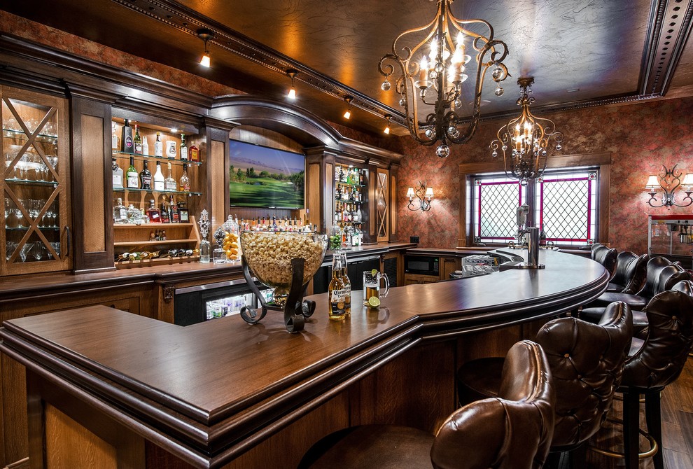 Home bar - large traditional medium tone wood floor home bar idea in Minneapolis