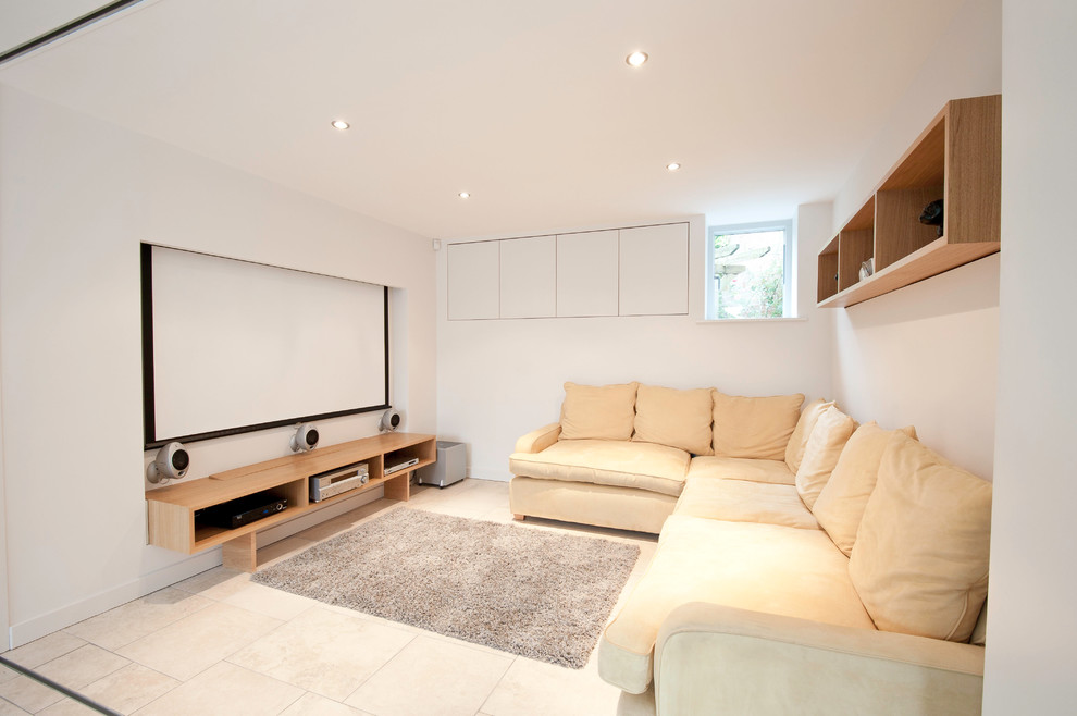 Trendy home theater photo in Other with white walls