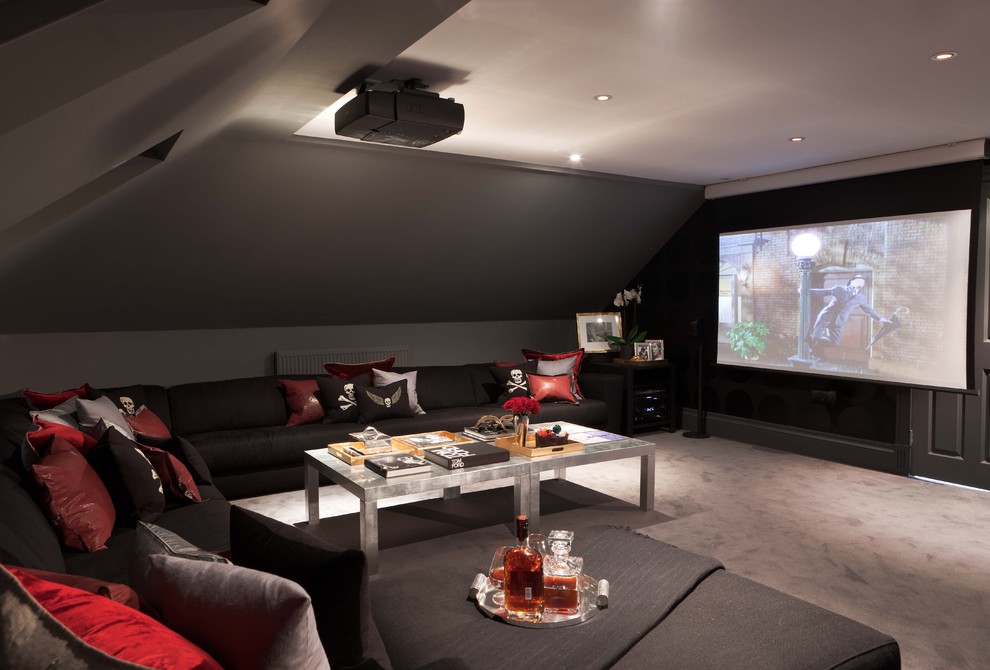Inspiration for a modern home cinema in London with grey floors.