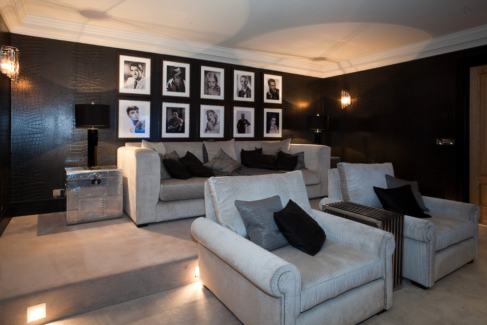 This is an example of a classic enclosed home cinema in Berkshire with carpet and grey floors.
