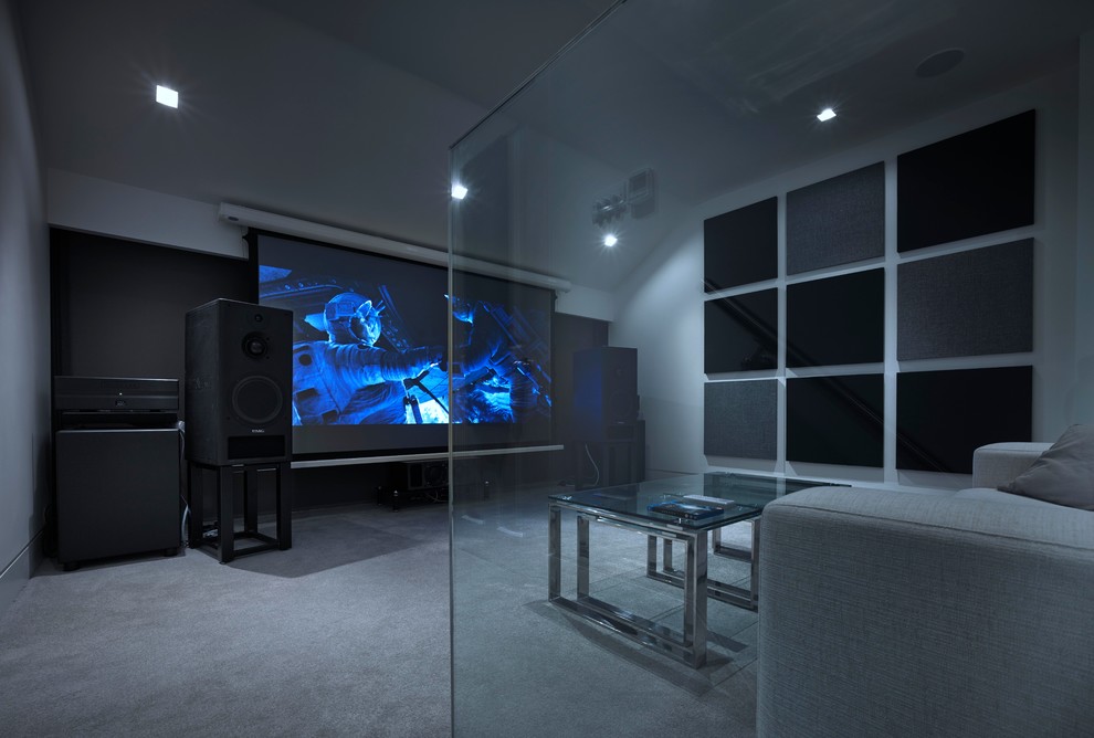 Источник вдохновения для домашнего уюта: изолированный домашний кинотеатр среднего размера в современном стиле с белыми стенами, ковровым покрытием и проектором