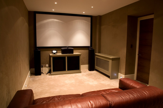 Cinema Room With Fabric Walling In Faux Suede Contemporary Home Theatre London By Mille Couleurs Houzz Au - Fabric For Walls In Home Theater
