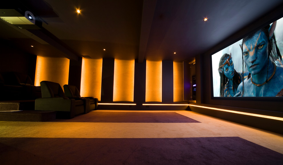 Design ideas for a large modern enclosed home cinema in Other with purple walls, carpet and a projector screen.