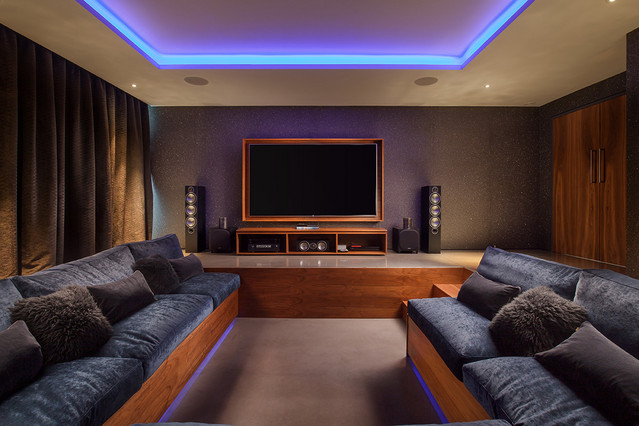 Contemporary home cinema: walnut, grey, LED lighting - Contemporary - Home  Theatre - Cornwall - by Yeo Design | Houzz