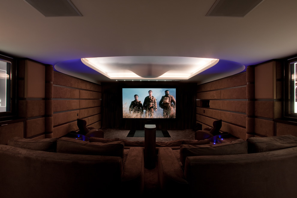 Exemple d'une salle de cinéma tendance avec un sol marron.