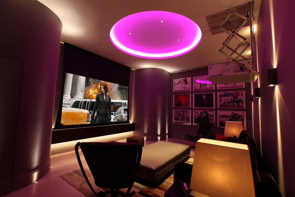 Inspiration for a medium sized bohemian home cinema in London.