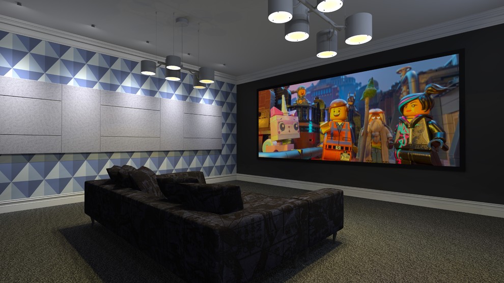 Пример оригинального дизайна: изолированный домашний кинотеатр среднего размера в стиле модернизм с синими стенами, ковровым покрытием и проектором