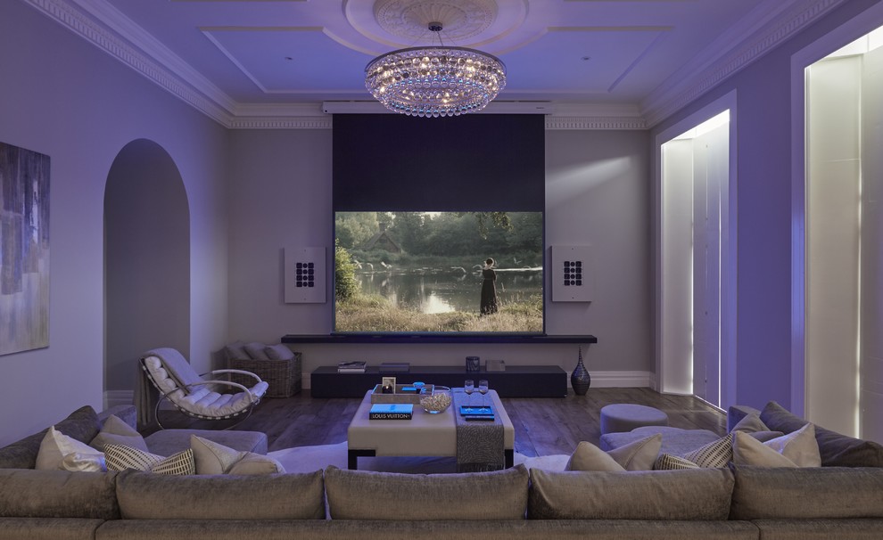 Design ideas for a large contemporary home cinema in Hertfordshire with a projector screen.