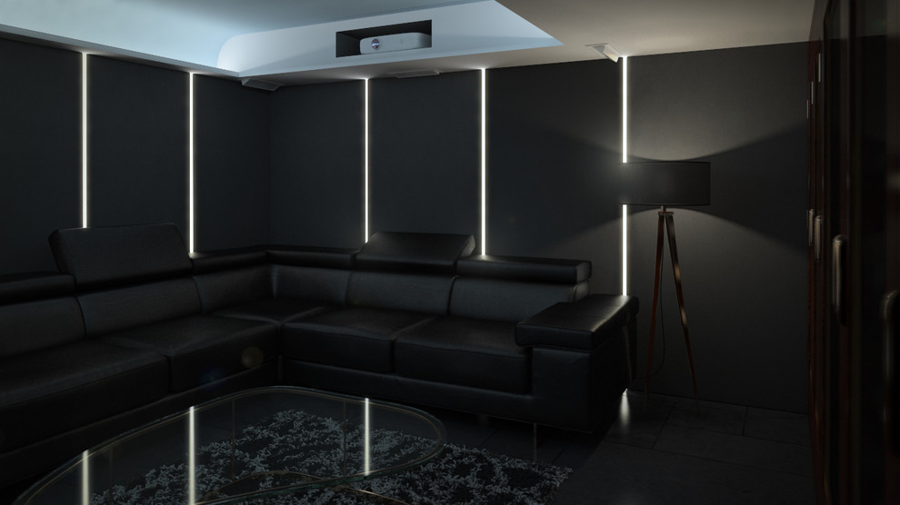 Diseño de cine en casa abierto moderno grande con paredes grises, suelo de pizarra y pantalla de proyección