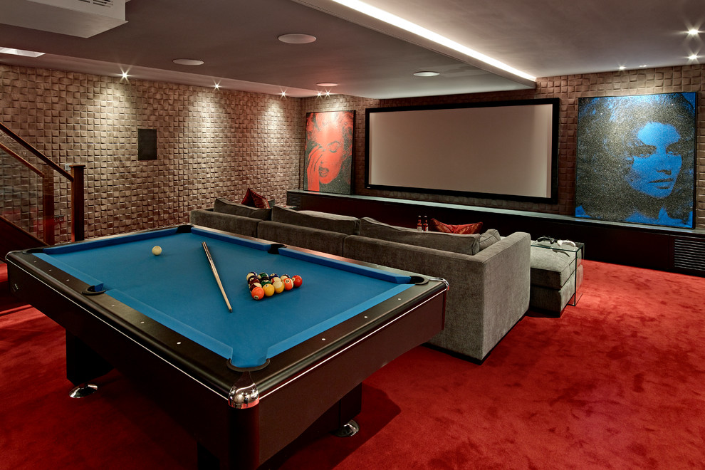 Home theater - contemporary open concept carpeted and red floor home theater idea in London with a projector screen