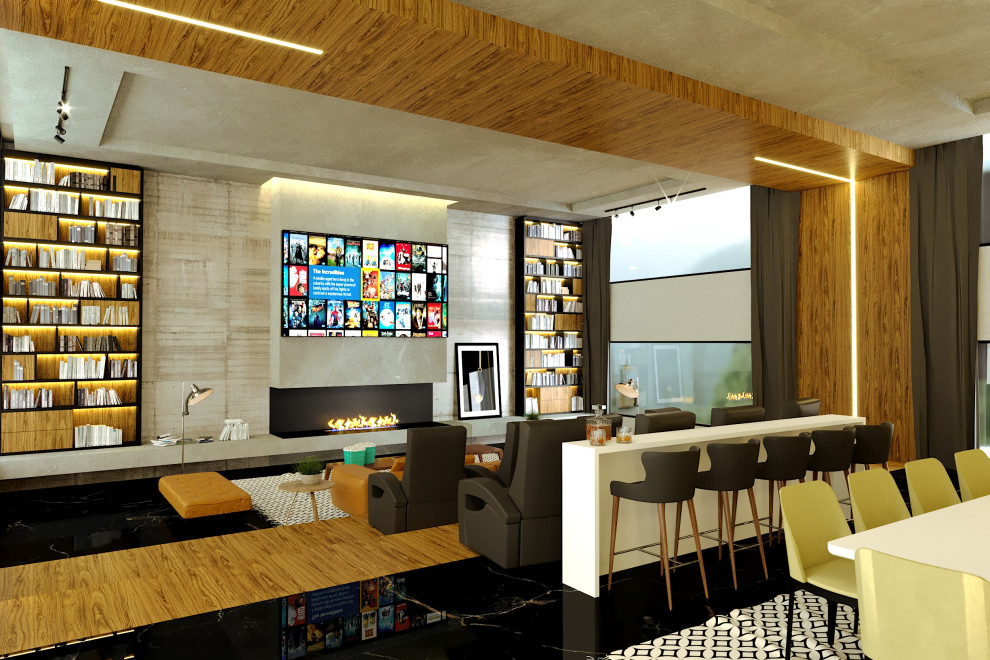 Inspiration för mellanstora moderna avskilda hemmabior, med beige väggar, laminatgolv, en inbyggd mediavägg och brunt golv