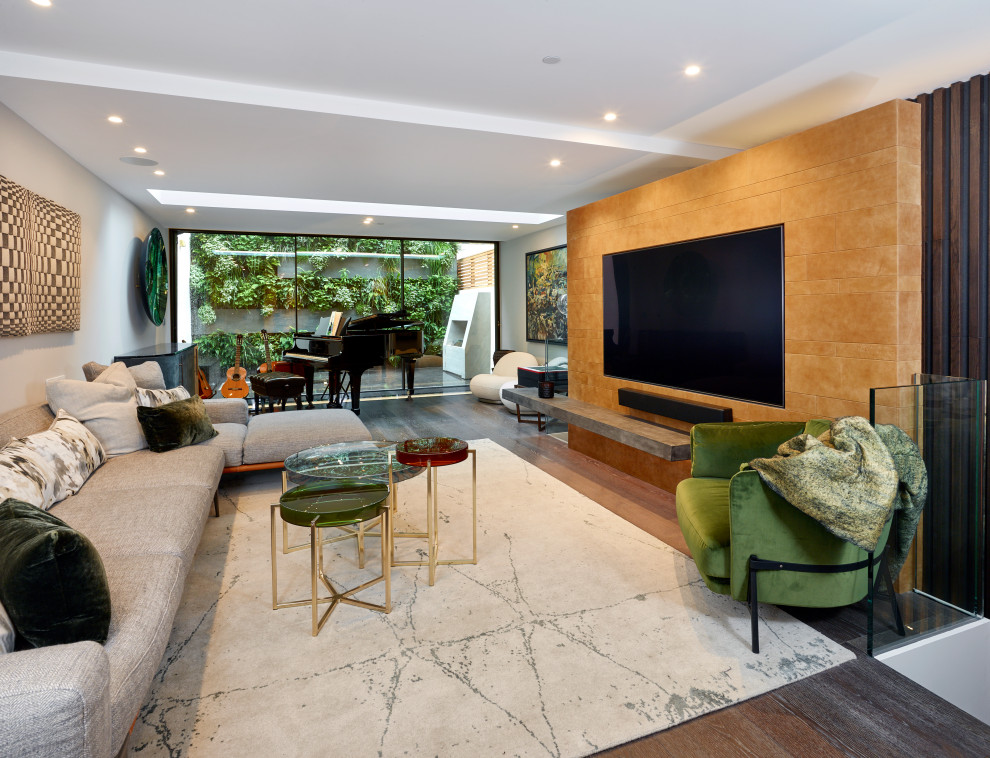 Large contemporary home cinema in London with a built-in media unit.