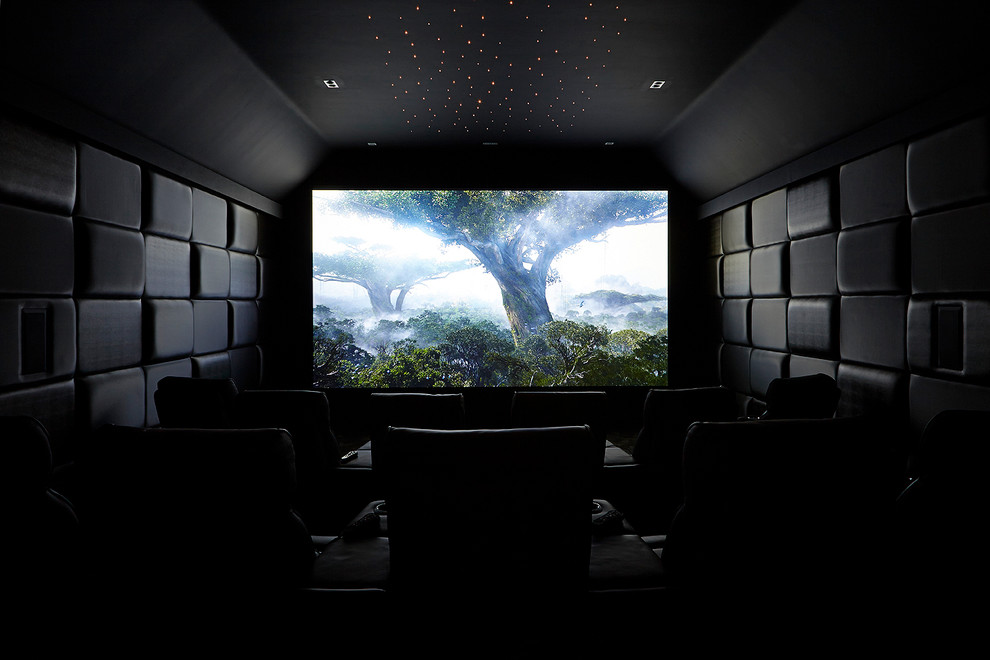 Design ideas for a medium sized contemporary enclosed home cinema in London.