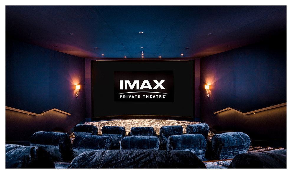 Свежая идея для дизайна: большой изолированный домашний кинотеатр в современном стиле с синими стенами, ковровым покрытием, проектором и синим полом - отличное фото интерьера