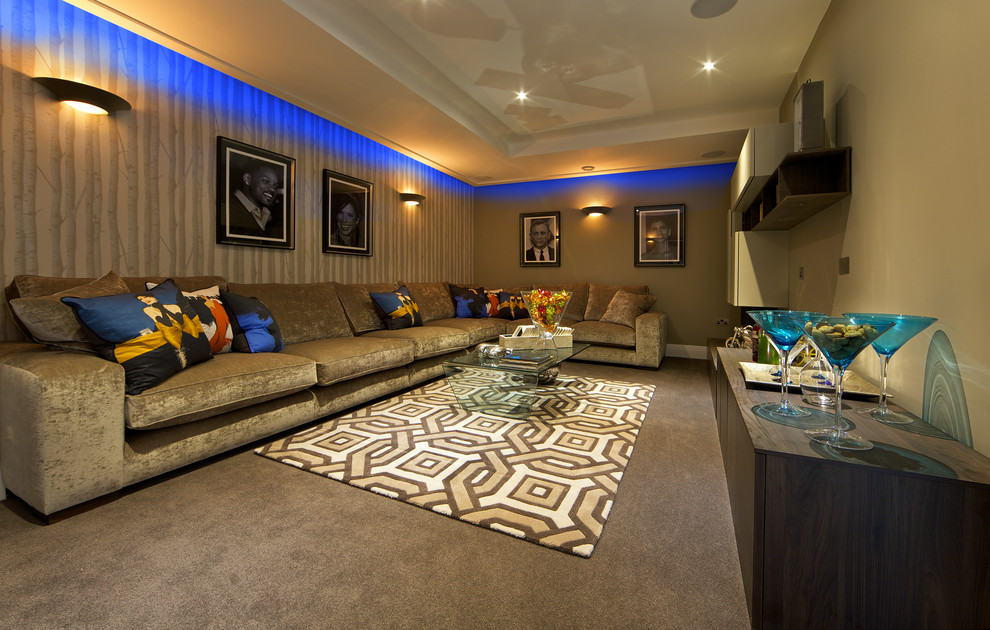 Photo of a modern home cinema in London with carpet.