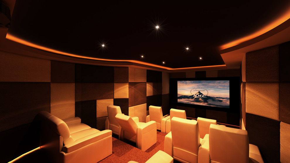 Modelo de cine en casa cerrado moderno de tamaño medio con paredes multicolor, moqueta y pantalla de proyección