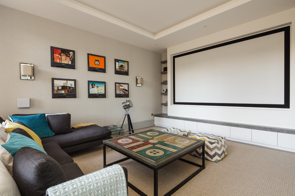Medium sized contemporary enclosed home cinema in Surrey with white walls, carpet, a projector screen and brown floors.