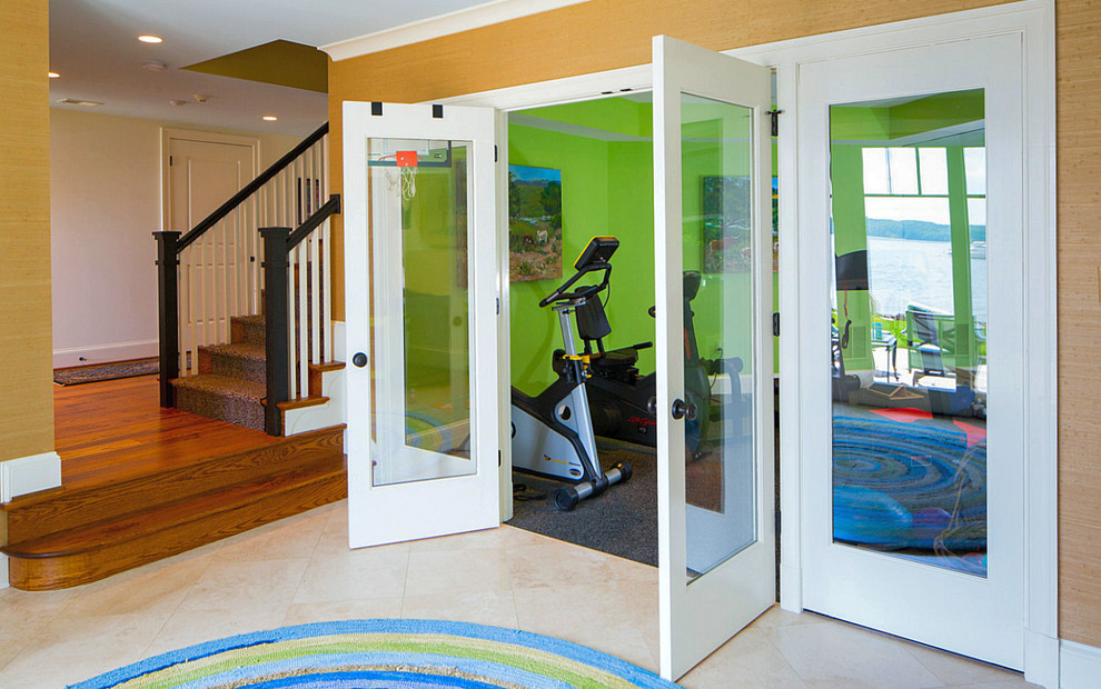 Photo of a medium sized beach style multi-use home gym in Baltimore with green walls.