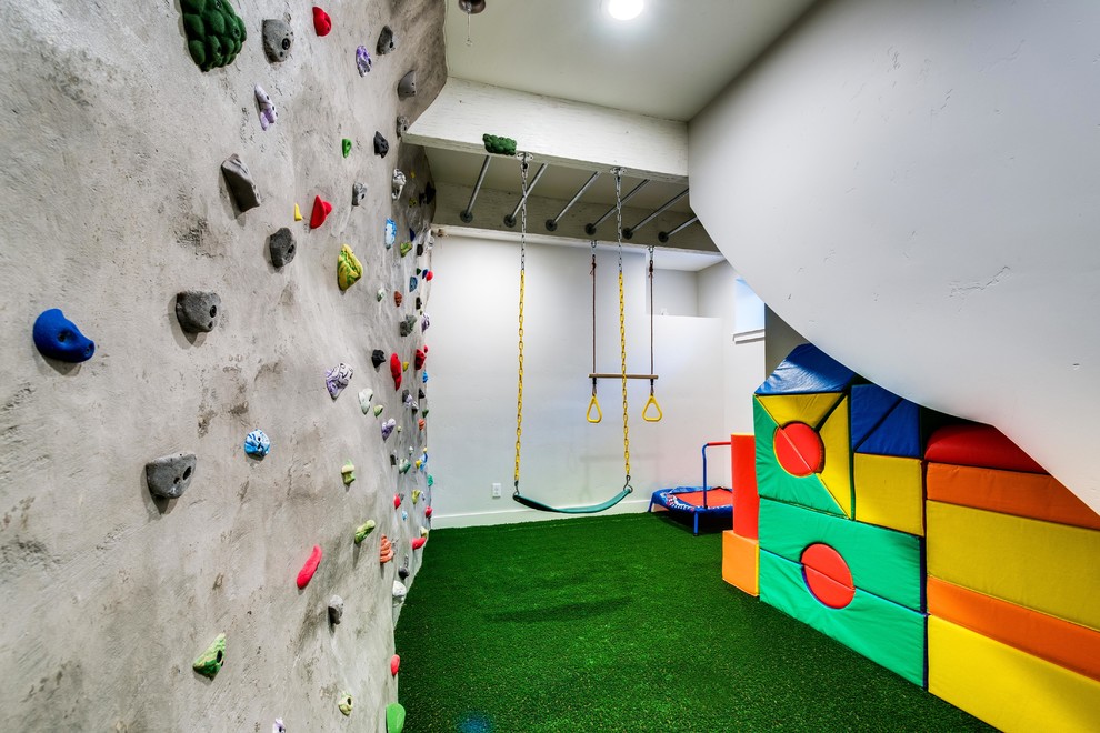 Inspiration for a medium sized eclectic home climbing wall in Boise with white walls, carpet and green floors.