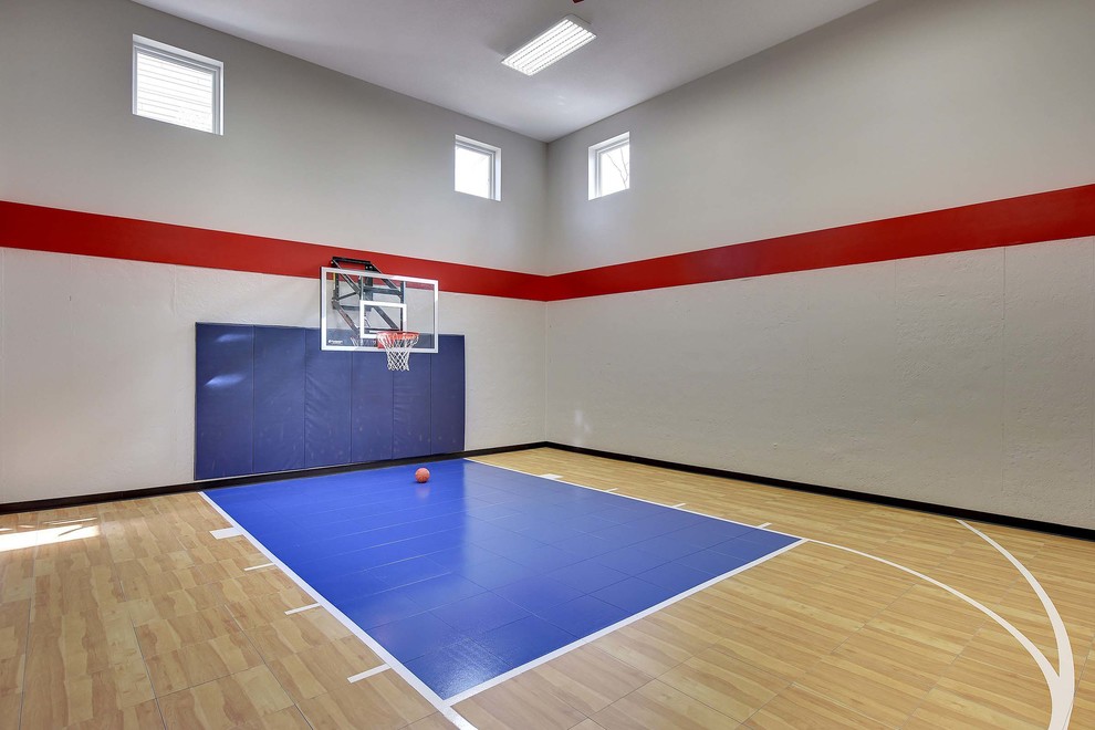 Photo of an expansive multi-use home gym in Minneapolis with multi-coloured walls.