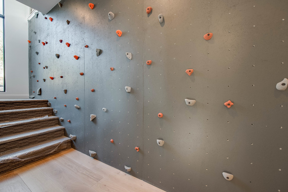 Idee per una parete da arrampicata minimal di medie dimensioni con pareti grigie e parquet chiaro