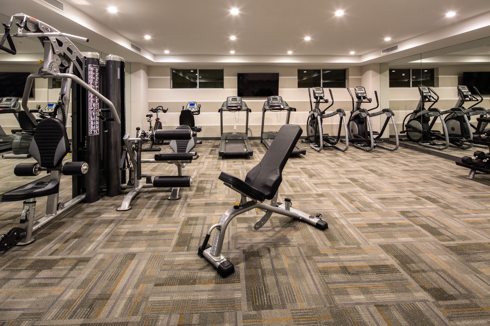 Inspiration for a large contemporary carpeted and gray floor home weight room remodel in Los Angeles with beige walls